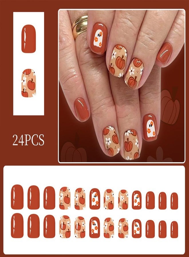HJKDSFD Halloween Press on Nails Short Square Fake Nails Orange Pumpkin Cute Ghost Pattern Designs False Nails White Flower Artificial Nails Glossy Full Cover Glue on Nails for Women Girls 24Pcs - Image 2