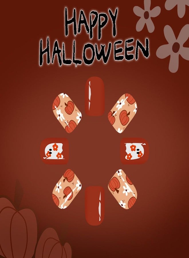 HJKDSFD Halloween Press on Nails Short Square Fake Nails Orange Pumpkin Cute Ghost Pattern Designs False Nails White Flower Artificial Nails Glossy Full Cover Glue on Nails for Women Girls 24Pcs - Image 4