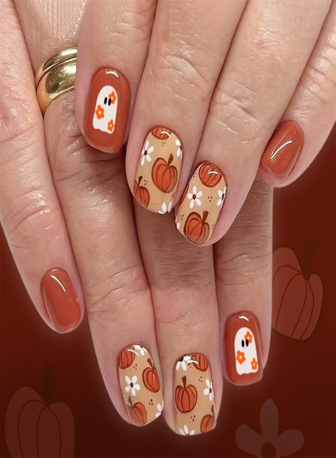 HJKDSFD Halloween Press on Nails Short Square Fake Nails Orange Pumpkin Cute Ghost Pattern Designs False Nails White Flower Artificial Nails Glossy Full Cover Glue on Nails for Women Girls 24Pcs - Image 1