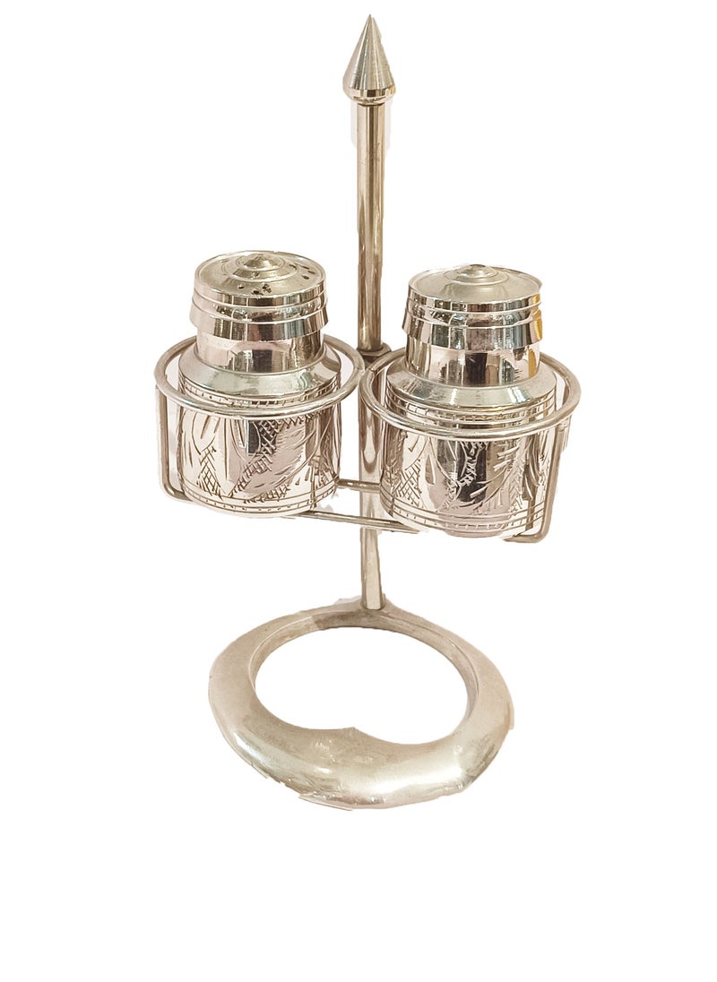 Antique Museum - White Metal Salt And Pepper Bottle With Stand - Image 1