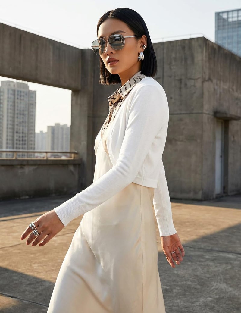 U.Vomade Womens Long Sleeve Bolero Shrug Open Front Cropped Cardigan White Small - Image 5