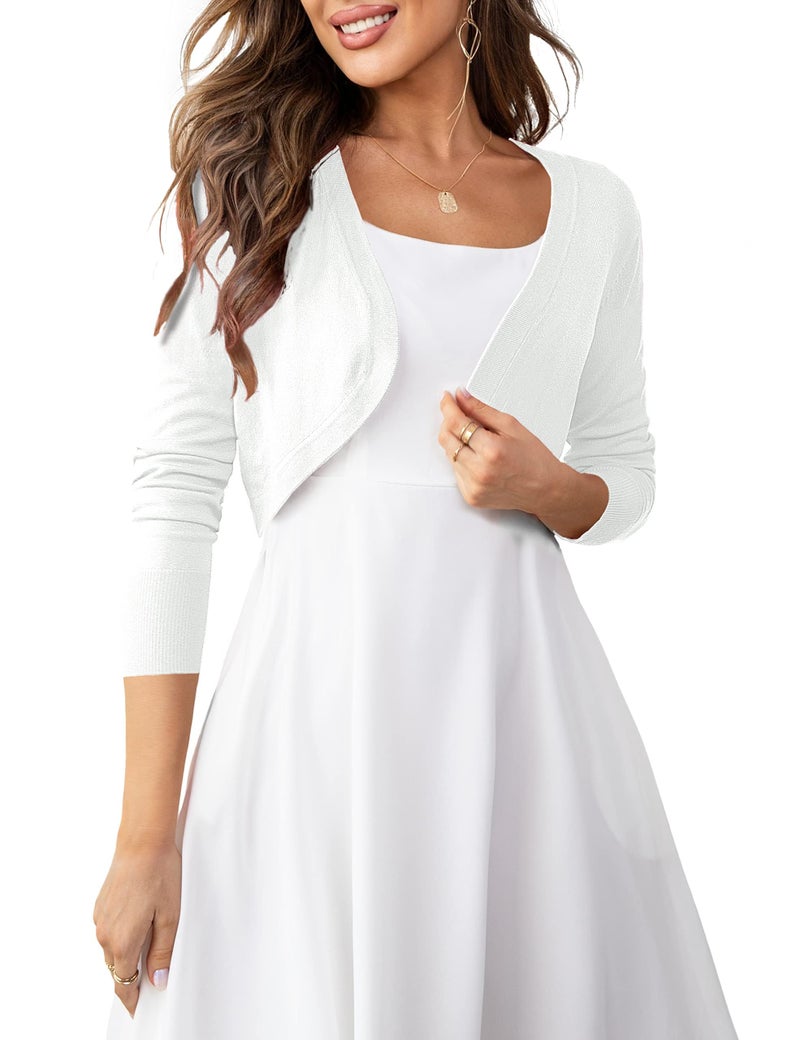U.Vomade Womens Long Sleeve Bolero Shrug Open Front Cropped Cardigan White Small - Image 1