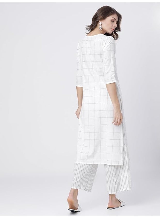Vishudh Women's Cotton Kurta with Pant Ethnic Set (L) WHITE - Image 3