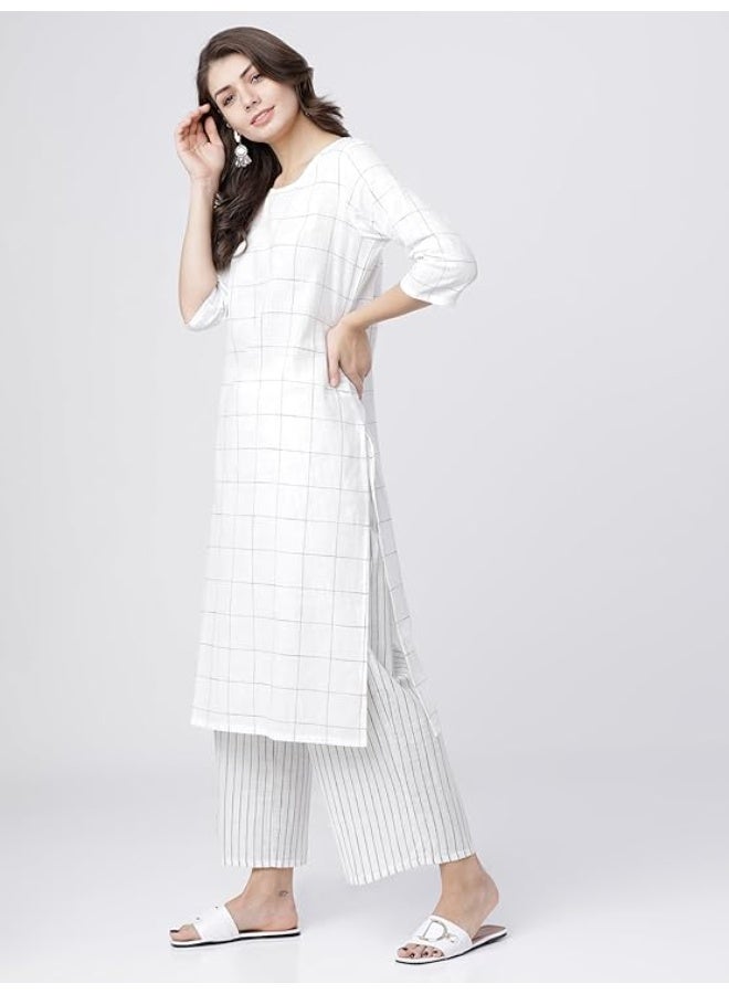 Vishudh Women's Cotton Kurta with Pant Ethnic Set (L) WHITE - Image 1