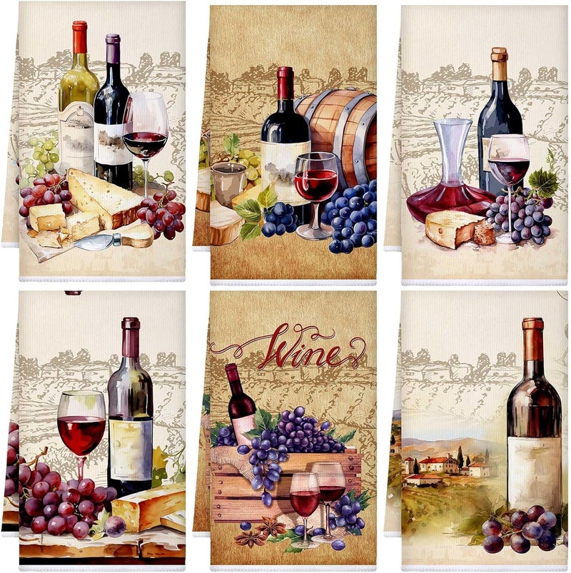 Bencailor 6 Pcs Red Wine Kitchen Towels Sets Decorative Dish Towels Absorbent Fast Drying Hand Cloths Hanging Reusable Cleaning Dishcloths for Cooking Housewarming - Image 1