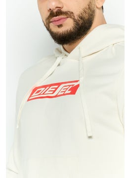 DIESEL Men Hooded Long Sleeve Brand Logo Sweatshirt, Beige  - Image 2