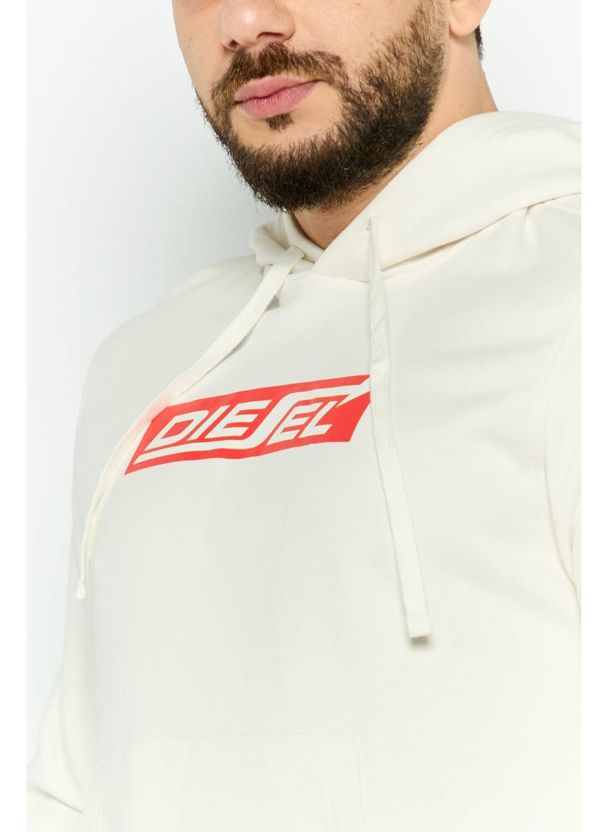 DIESEL Men Hooded Long Sleeve Brand Logo Sweatshirt, Beige  - Image 2