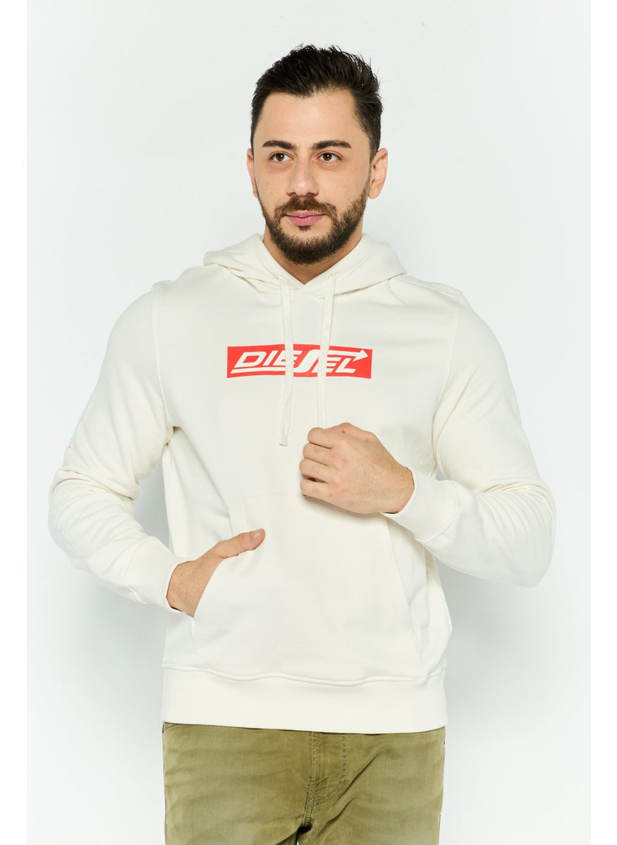 DIESEL Men Hooded Long Sleeve Brand Logo Sweatshirt, Beige  - Image 1