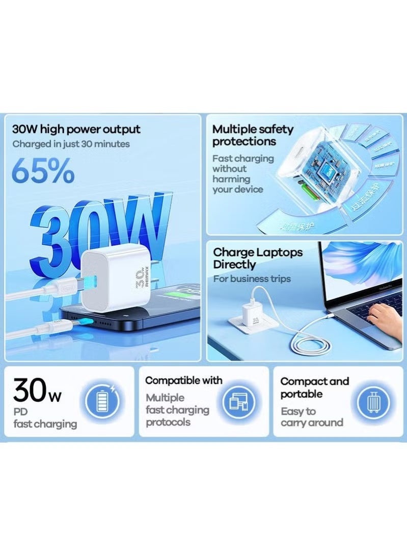 ريماكس شاحن iPhone 16/15 Pro Max بمنفذ USB C بقوة 30 وات، يأتي مع كابل شحن سريع iPhone بطول 1 متر من النوع C إلى النوع C، متوافق مع iPhone 16/15 Pro max/15 Pro/15 plus/15، وSamsung S24 وجميع الهواتف/الأجهزة اللوحية التي تحتوي على منفذ USB C - Image 2