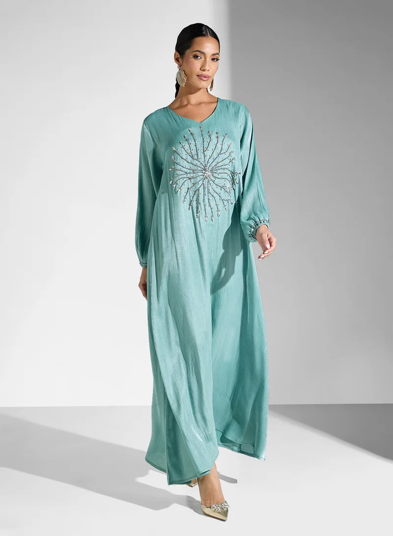 hayas closet Embellished Belted v neck Jalabiya