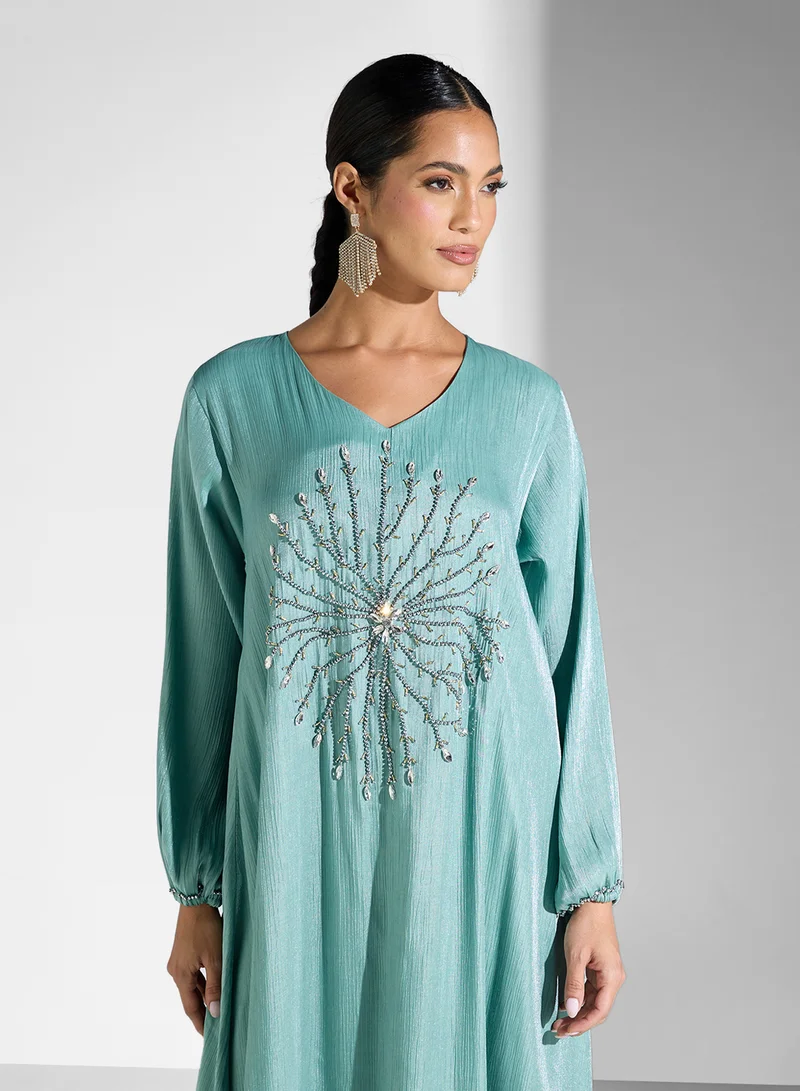 hayas closet Embellished Belted v neck Jalabiya
