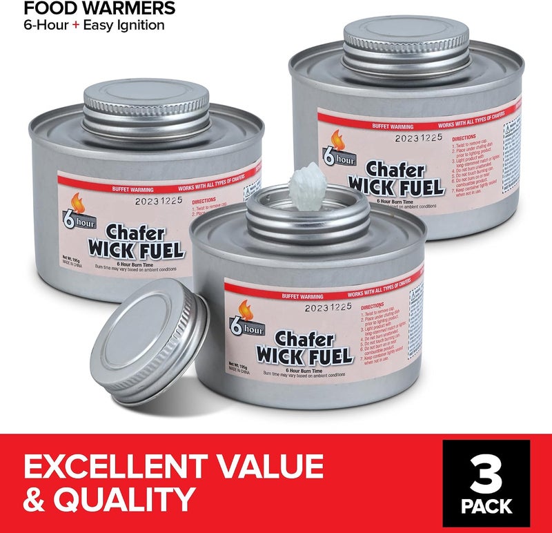 6-Hour Food Warmers for Parties (3 Pack), Chafing Fuel Cans with Wick and Safety Twist Cap, Catering Food Warmers for Buffets, Parties, Weddings, Long Lasting Burners for Food Warmer, Food Heater - Image 2