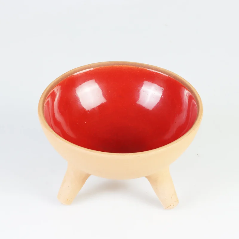 Pikas Pottery Footed Glazed Ceramic Cat Food Bowl Red