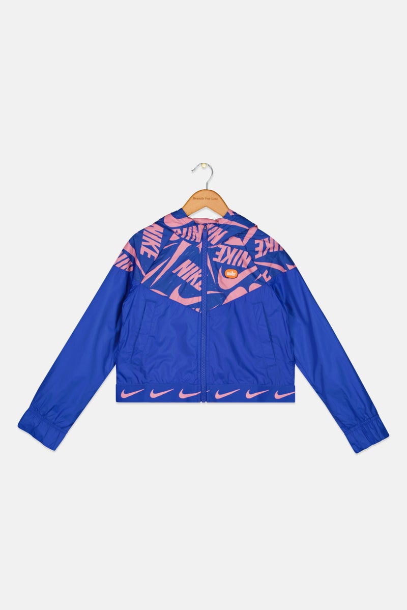 Nike جاكيت جري للنساء الصغيرات بتصميم فضفاض بشعار العلامة التجارية، أزرق - Image 1