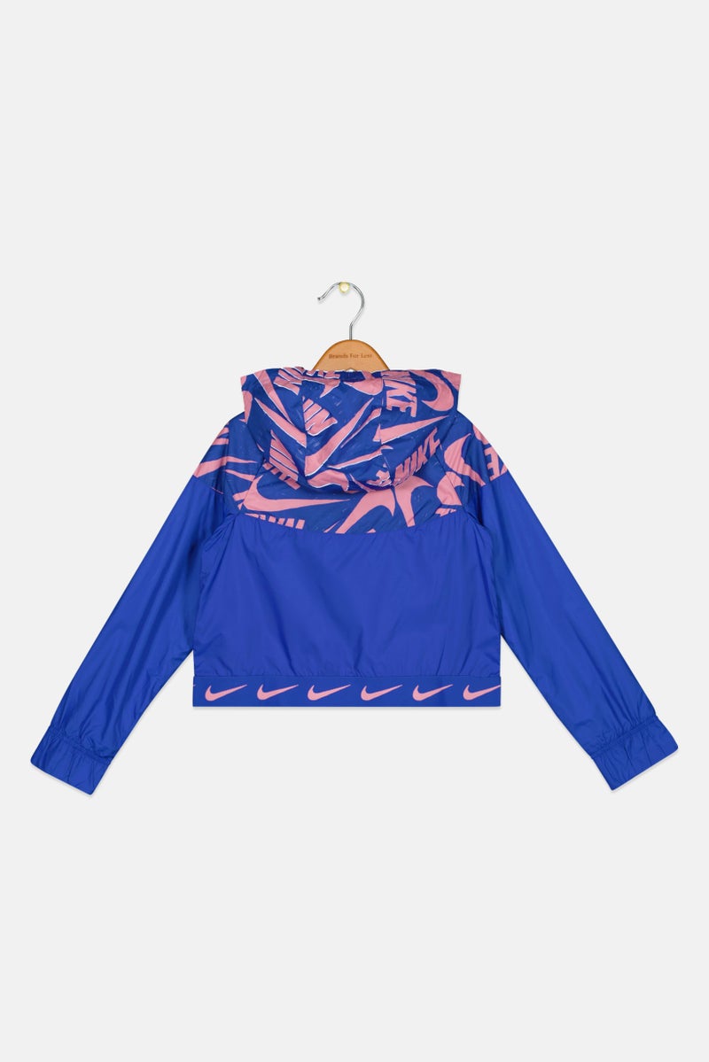 Nike جاكيت جري للنساء الصغيرات بتصميم فضفاض بشعار العلامة التجارية، أزرق - Image 2