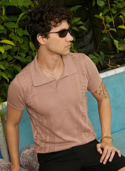 Campus Sutra Men's Tan Brown Block-Textured Polo T-Shirt