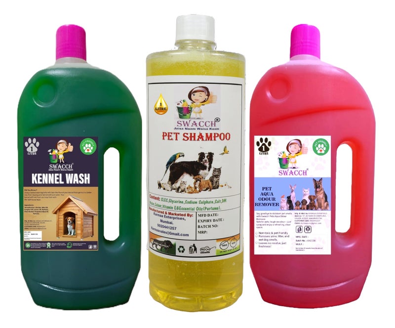 swacch Kennel Wash (Jasmine) + Pet Shampoo (Lemon) I Pet Aqua Odour Remover (Rose) 1 Litre Combo Pack of 3 Economical Pack I Dog and Cat Friendly - Image 1