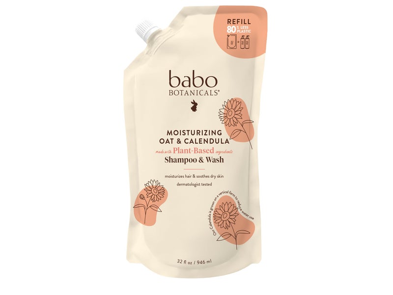 BABO Botanicals Moisturizing Oat & Calendula 2-in-1 Shampoo & Wash - for Dry or Sensitive Skin - for All Ages - Lightly Scented - Vegan - Refill pouch 32 fl.oz. - Image 1