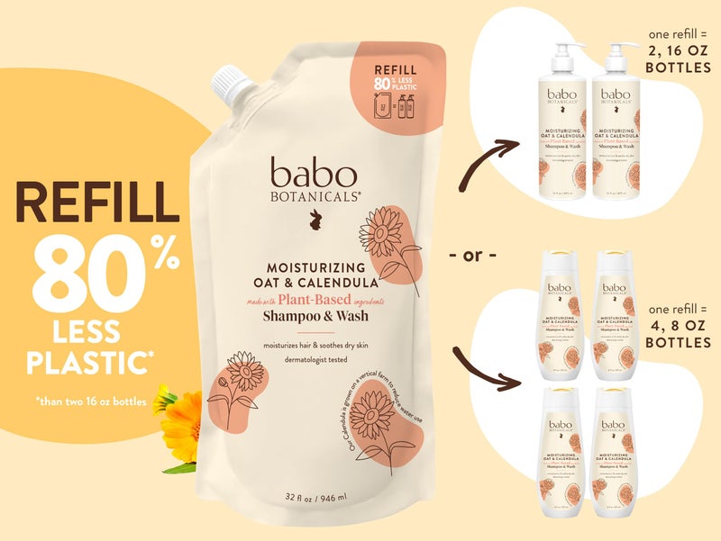 BABO Botanicals Moisturizing Oat & Calendula 2-in-1 Shampoo & Wash - for Dry or Sensitive Skin - for All Ages - Lightly Scented - Vegan - Refill pouch 32 fl.oz. - Image 2