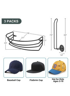 KASTWAVE Hat Organizer, Hat Rack for Baseball Caps, Hat Rack for Wall and Door, 3 Pack Metal Hat Hangers for Closet Cap Rack Wall Mount Ball Cap Holder for Bedroom Entryway Black  - Image 2