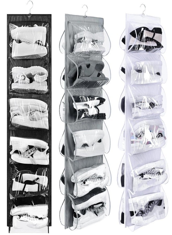 Barydat 3 Pcs Dual Sided Hanging Shoe Organizer 12 Clear Pockets Mesh Hanging Shoe Rack Holder with Rotating Hanger for Closet Storage Men Women Handbags Kids Clothing, Grey, White and Black - Image 1