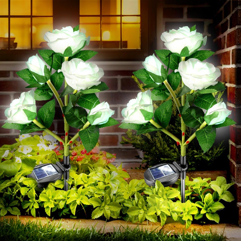 Anordsem Solar Garden Lights Outdoor 10 Waterproof Fabric Roses 2 Pack White LED Flower Decorations for Yard Patio Path Cemetery Grave Valentines Day Gifts for Her Women Mom Wife