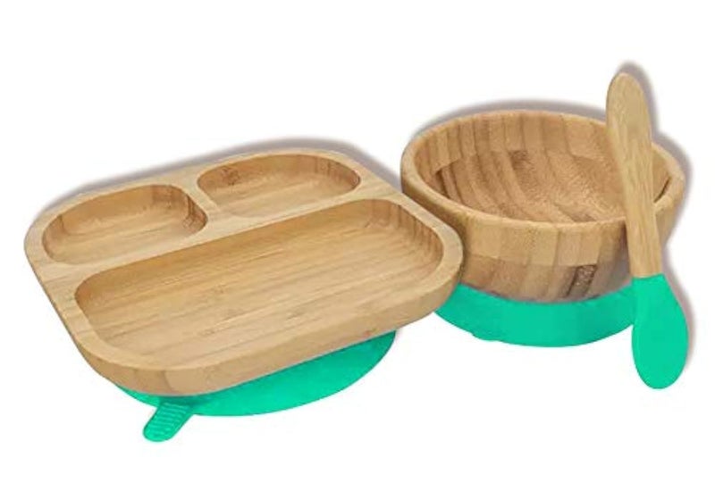 Youkoo kitchen Baby Toddler Stay Put Dish Kids Suction Plate  Bowl  Spoon Bamboo Cute Tableware Green set