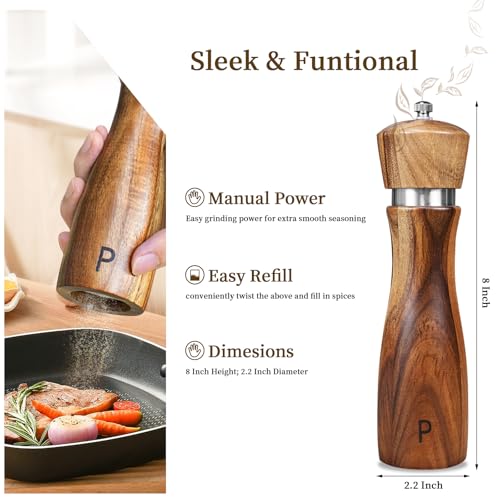 Haomacro 2 Pack Acacia Wood Salt and Pepper Grinder Set, Wooden Salt and Pepper Mill Set Salt and Pepper Shaker Tableware Birthday Gifts Ceramic Core-8 Inch - Image 3