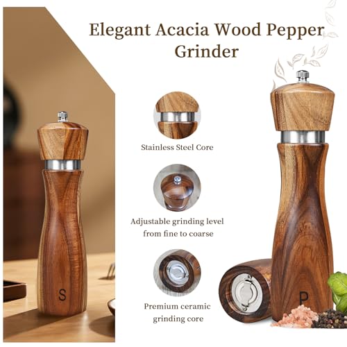 Haomacro 2 Pack Acacia Wood Salt and Pepper Grinder Set, Wooden Salt and Pepper Mill Set Salt and Pepper Shaker Tableware Birthday Gifts Ceramic Core-8 Inch - Image 4
