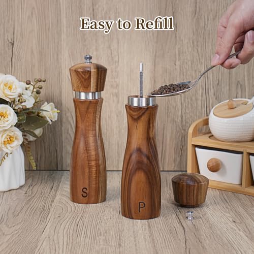 Haomacro 2 Pack Acacia Wood Salt and Pepper Grinder Set, Wooden Salt and Pepper Mill Set Salt and Pepper Shaker Tableware Birthday Gifts Ceramic Core-8 Inch - Image 5