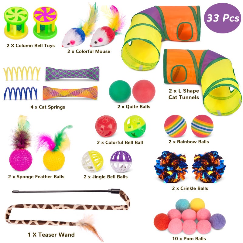 Retro Shaw 33Pcs Cat Toys, Large Cat Tunnels with Toys, Interactive Kitten Toys for Indoor Cats Kitty, Collapsible Cat Tube Tent Feather Wand Teaser Bell Fuzzy Ball Crinkly Springs Mouse - Image 4