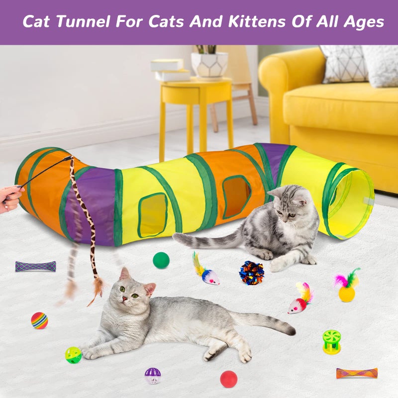 Retro Shaw 33Pcs Cat Toys, Large Cat Tunnels with Toys, Interactive Kitten Toys for Indoor Cats Kitty, Collapsible Cat Tube Tent Feather Wand Teaser Bell Fuzzy Ball Crinkly Springs Mouse - Image 2