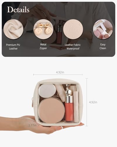 Pocmimut Mini Makeup Bag with Small Cosmetic Bag Travel Essentials Organizers,TSA Approved Toiletry Bag Makeup Pouch Clear Cosmetic Bags for Women,Beige - Image 4