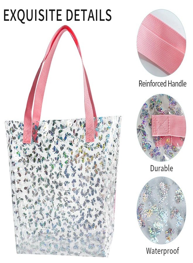 TotePrint Holographic Heart Clear Tote Bag, Waterproof Beach Bag with Pink Handles, Large 11.8"x12.2"x4.3", TSA Compliant, Holographic Butterfly Pattern, Large, Beach Tote - Image 5