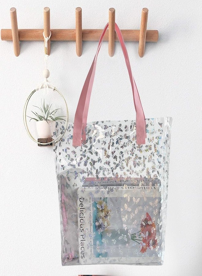 TotePrint Holographic Heart Clear Tote Bag, Waterproof Beach Bag with Pink Handles, Large 11.8"x12.2"x4.3", TSA Compliant, Holographic Butterfly Pattern, Large, Beach Tote - Image 3