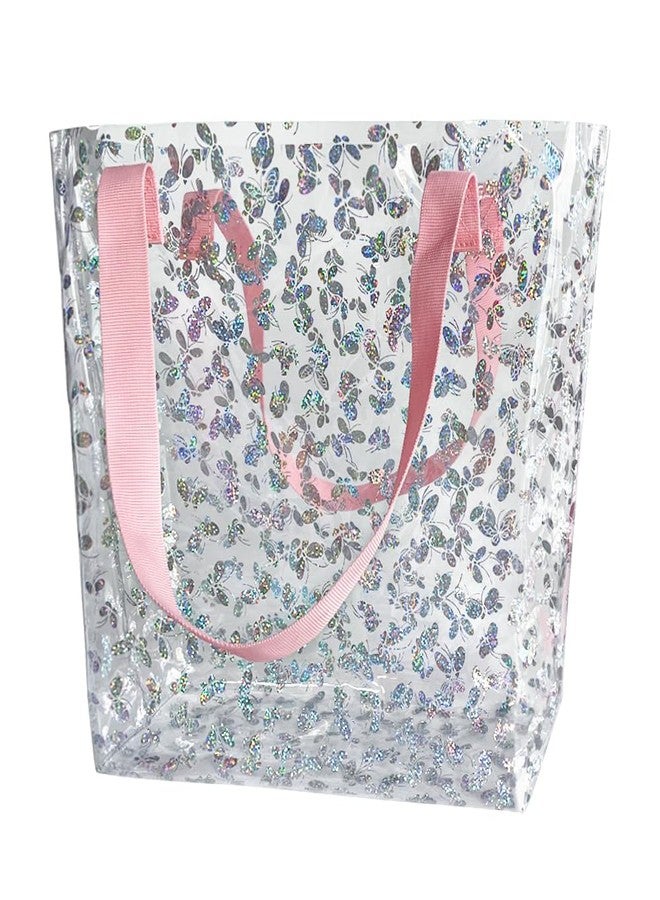 TotePrint Holographic Heart Clear Tote Bag, Waterproof Beach Bag with Pink Handles, Large 11.8"x12.2"x4.3", TSA Compliant, Holographic Butterfly Pattern, Large, Beach Tote - Image 1