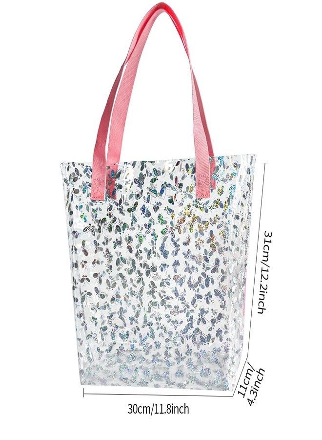 TotePrint Holographic Heart Clear Tote Bag, Waterproof Beach Bag with Pink Handles, Large 11.8"x12.2"x4.3", TSA Compliant, Holographic Butterfly Pattern, Large, Beach Tote - Image 4