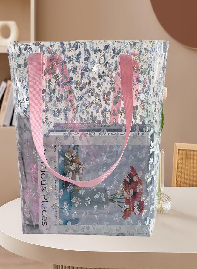 TotePrint Holographic Heart Clear Tote Bag, Waterproof Beach Bag with Pink Handles, Large 11.8"x12.2"x4.3", TSA Compliant, Holographic Butterfly Pattern, Large, Beach Tote - Image 2