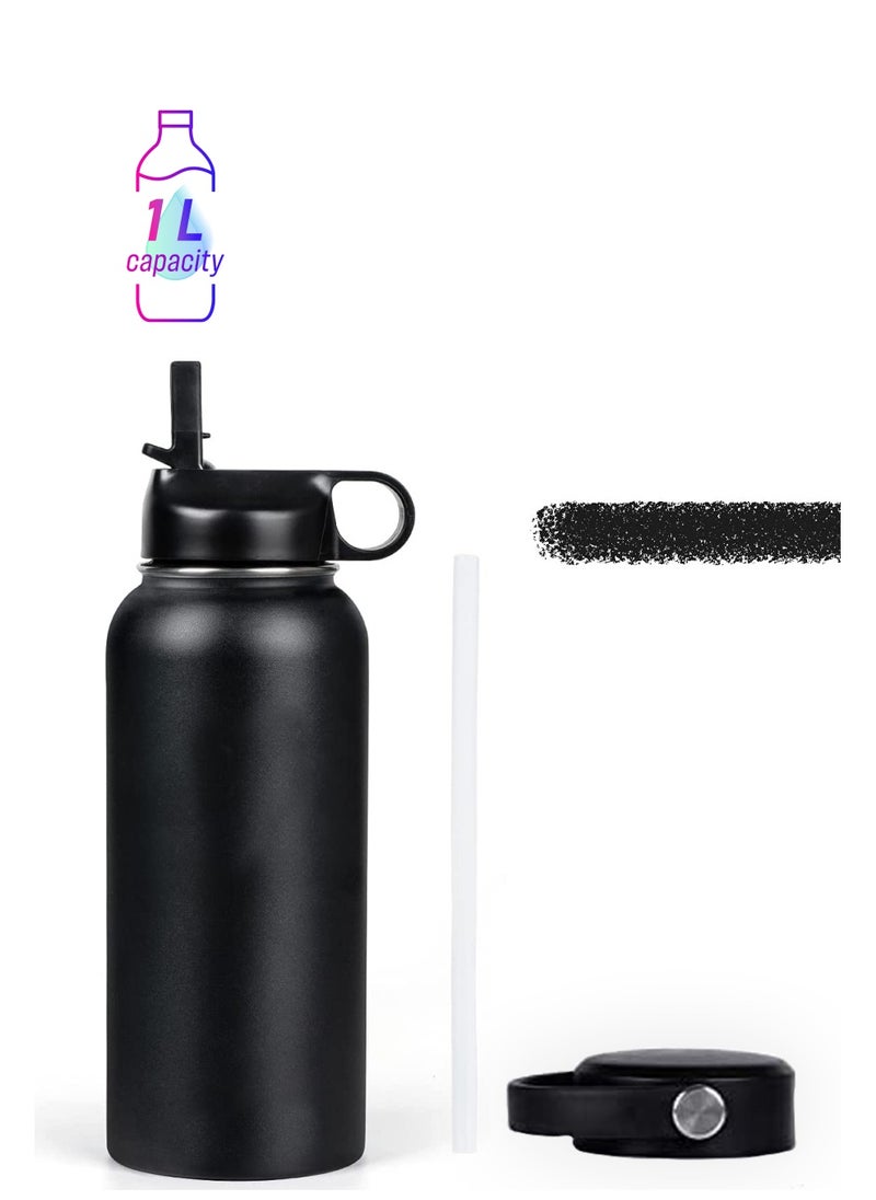 Swift Water Bottle Stainless Steel  2 Lids with Straw Insulated  1000 ml Black  - Image 1