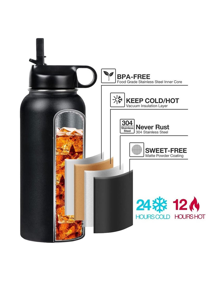 Swift Water Bottle Stainless Steel  2 Lids with Straw Insulated  1000 ml Black  - Image 3