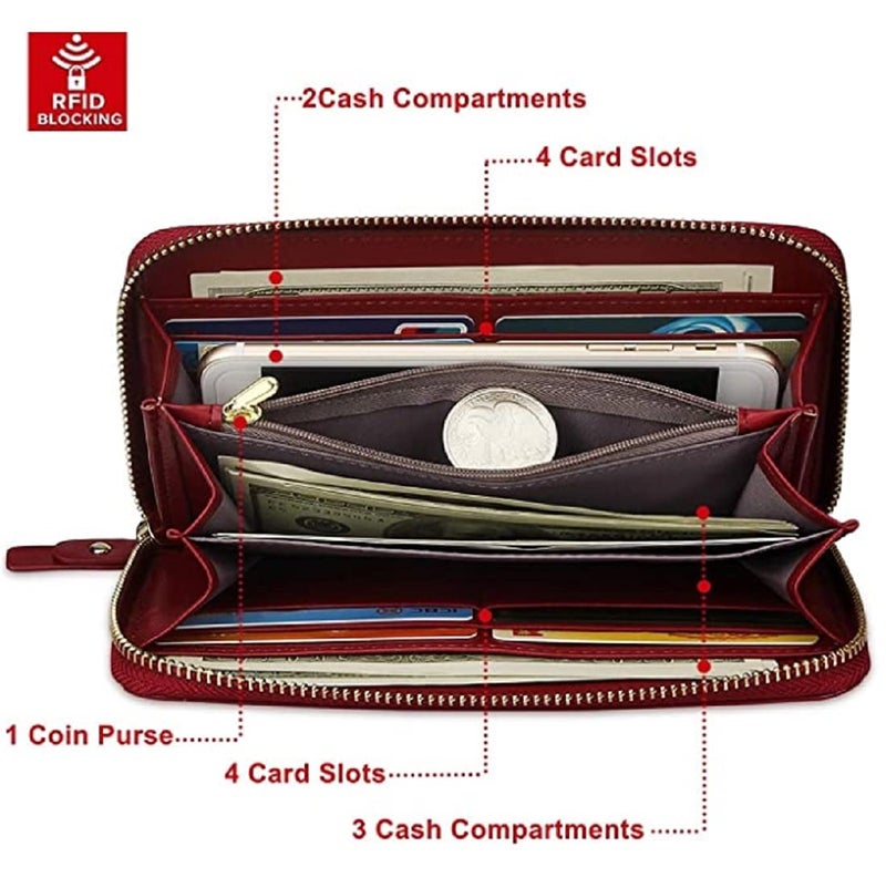 Contacts Wristlet Wallets for Women with RFID Protection | Ladies Leather Clutch/Wallet | Large Capacity Zipper Purse/Card Holder Organizer for Women (Red) - Image 2
