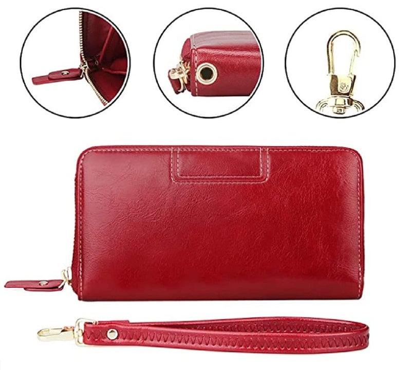 Contacts Wristlet Wallets for Women with RFID Protection | Ladies Leather Clutch/Wallet | Large Capacity Zipper Purse/Card Holder Organizer for Women (Red) - Image 5