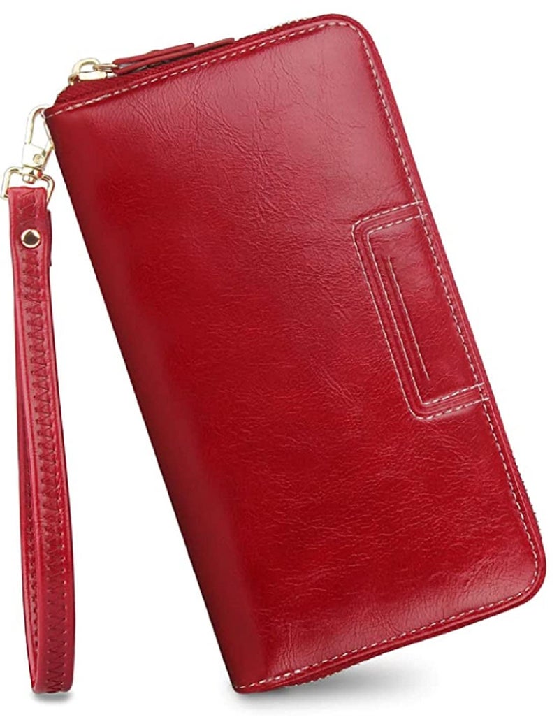 Contacts Wristlet Wallets for Women with RFID Protection | Ladies Leather Clutch/Wallet | Large Capacity Zipper Purse/Card Holder Organizer for Women (Red) - Image 1
