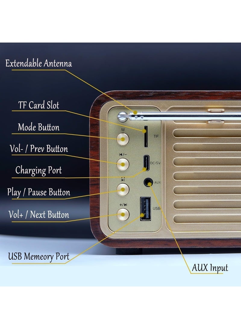 FM Radio with Bluetooth Retro Bluetooth Speaker Vintage Radio with SD/USB Memory Music Player Function, Wireless Streaming from Smartphone, 10 Hours Playback (Walnut) - Image 4