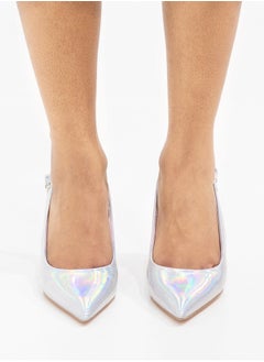 LAMARAPARIS Sonia 7cm spool heel sling back pump silver  - Image 5