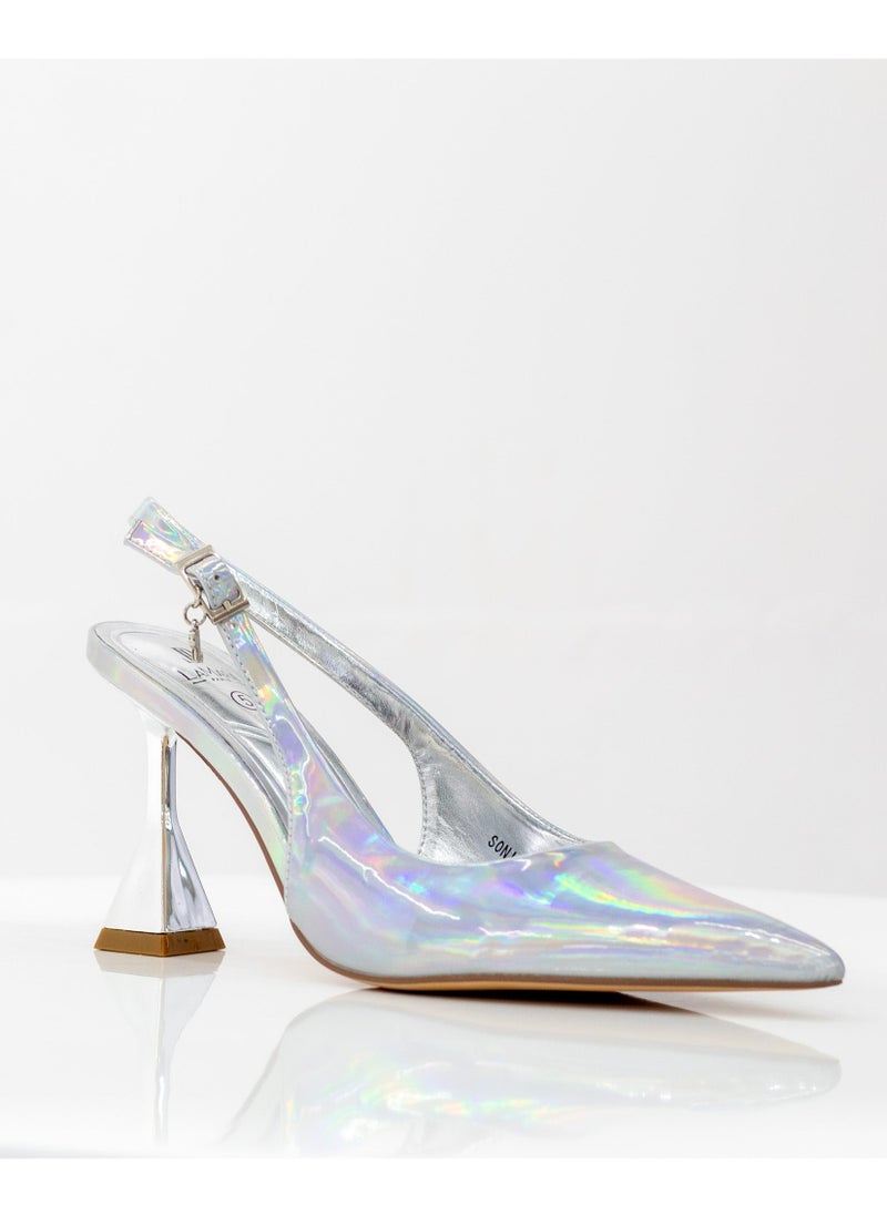 LAMARAPARIS - Sonia 7cm spool heel sling back pump silver - Image 1