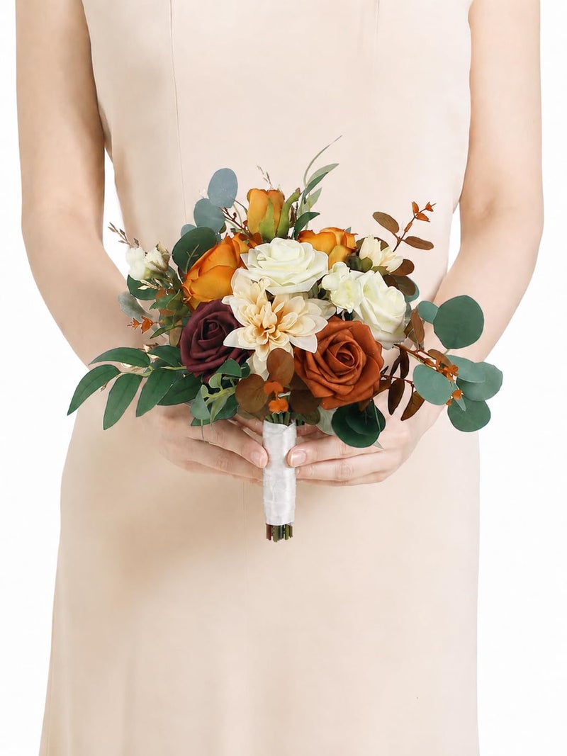Rinlong 1Pc Burnt Orange Fall Wedding Bouquets for Bridesmaids Terracotta Silk Flowers for Bridal Party Premade Floral for Destination Wedding Prom Homecoming - Image 2