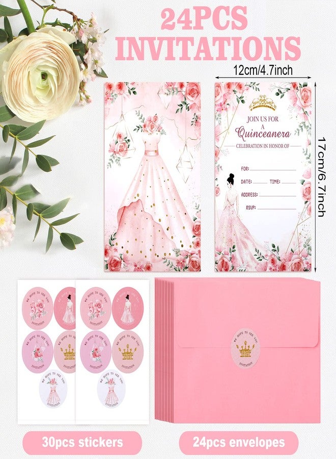 Woanger 24 Sets Quinceañera Invitaciones Para 15 Años Personalizados Quinceanera Invitations Cards with Pink Envelopes Stickers Crown Princess Rose Card for Sweet 15th Birthday Princess Party Invite - Image 3
