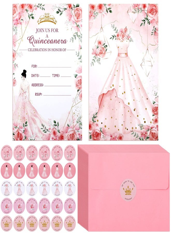 Woanger 24 Sets Quinceañera Invitaciones Para 15 Años Personalizados Quinceanera Invitations Cards with Pink Envelopes Stickers Crown Princess Rose Card for Sweet 15th Birthday Princess Party Invite - Image 1