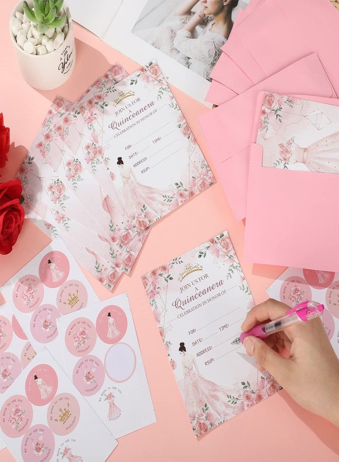 Woanger 24 Sets Quinceañera Invitaciones Para 15 Años Personalizados Quinceanera Invitations Cards with Pink Envelopes Stickers Crown Princess Rose Card for Sweet 15th Birthday Princess Party Invite - Image 4